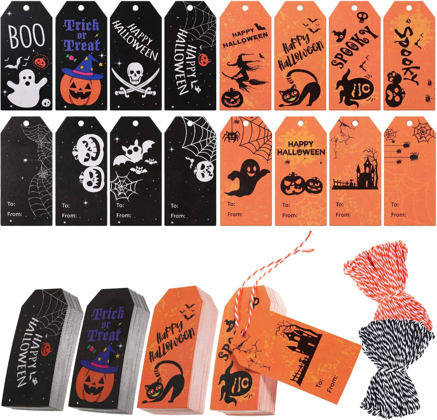 200 Pieces Halloween Paper Tags Trick or Treat Craft Label Tags Hang Labels Name Tags with 16 Feet Cotton Rope for Halloween Party Favor, Candy Bag Hanging Card Name Card Decor, 8 Styles: Health & Personal Care