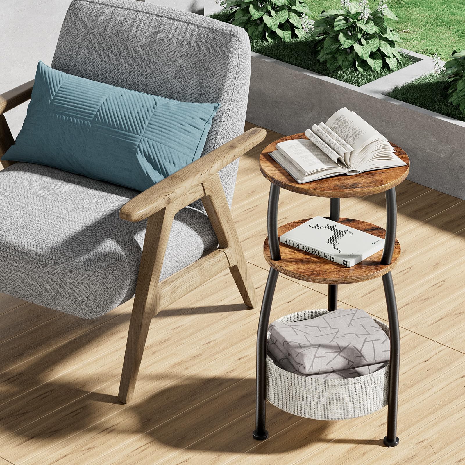 Yuede Round Side Table for Small Spaces with Storage Basket –Small End Table 3-Tier Night Stand Sofa Corner Table for Living Room, Bedroom, Patio and More 24in Tall Rustic Brown