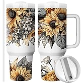 Equoza Sunflower Tumbler Gift for Women,Cowgirl Country Music Sunflowers Guitar 40oz Stainless Steel Travel Tumbler with Handle, Double Wall Vacuun Insulated Cup with Lid and Straw (Pack of 1)