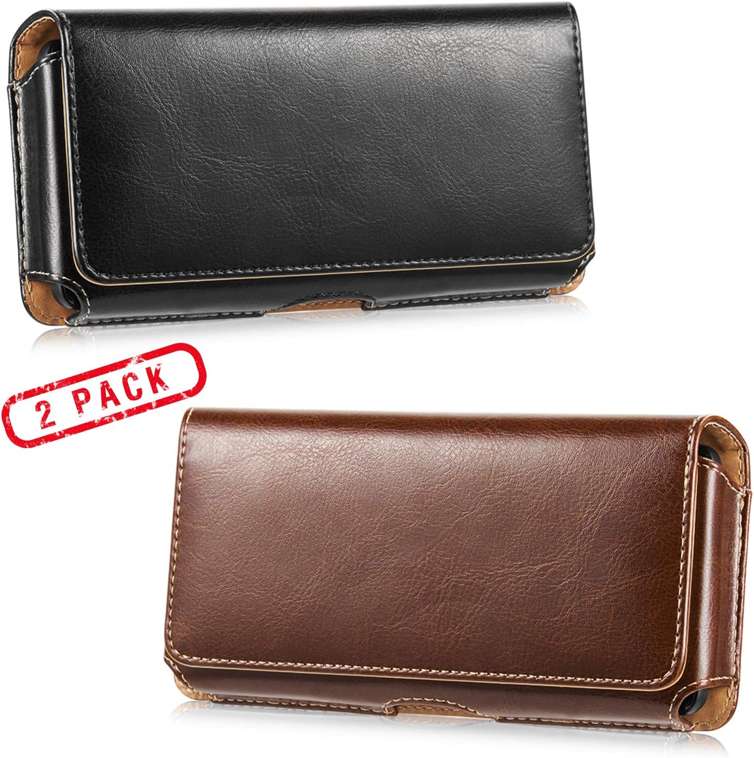 2 Pack Horizontal Leather Cell Phone Holster - LUXMO Genuine Leather Belt Clip Holster Pouch Carrying Cover Case for iPhone 8 Plus/ 7 Plus/Galaxy S10 Plus/ S9 Plus/ S8 Plus (Black + Brown)