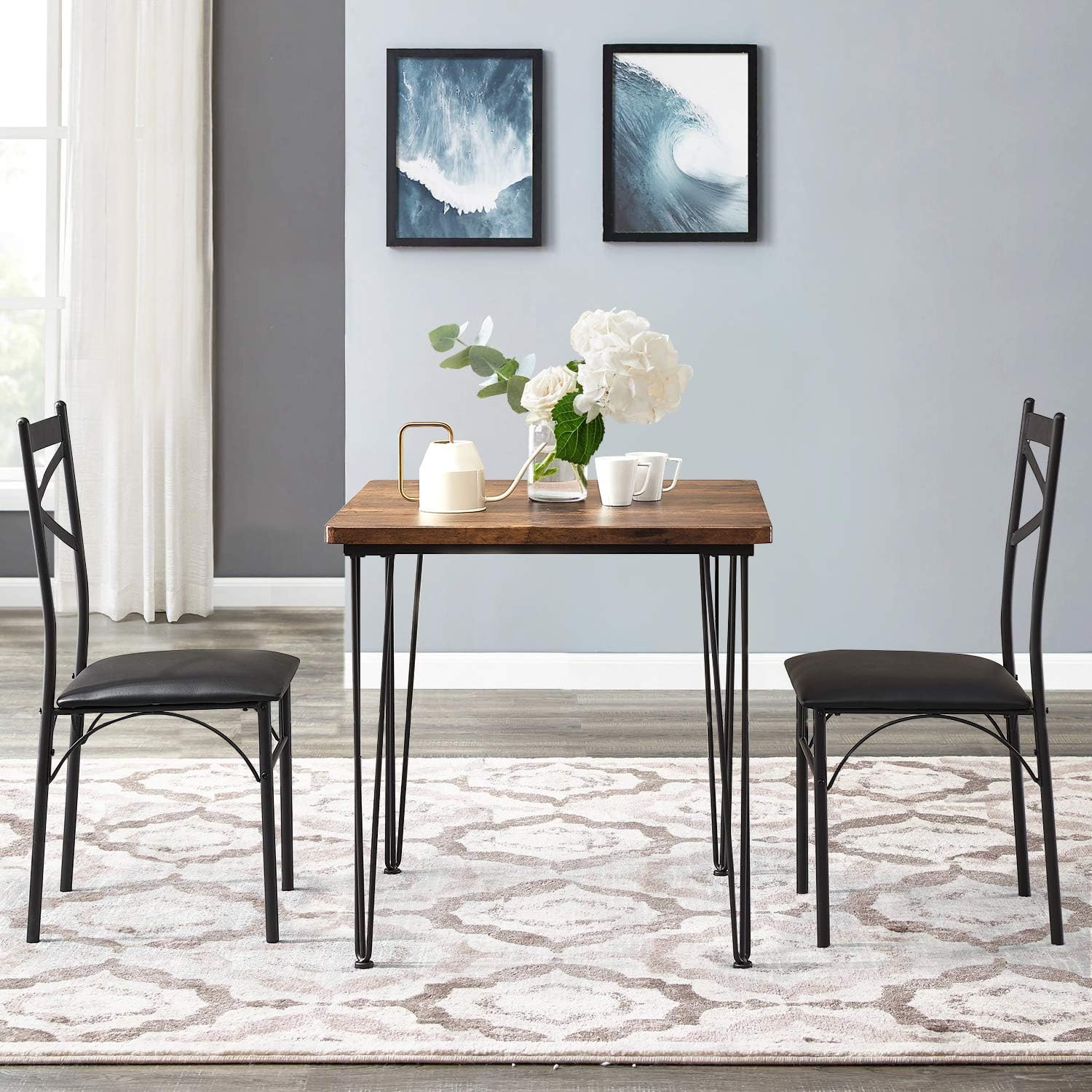 VECELO Dining Set Industrial Style 3 Pieces Kitchen Wood Table 2 Chairs with Metal Legs，Retro Brown and Black - Table & Chair Sets