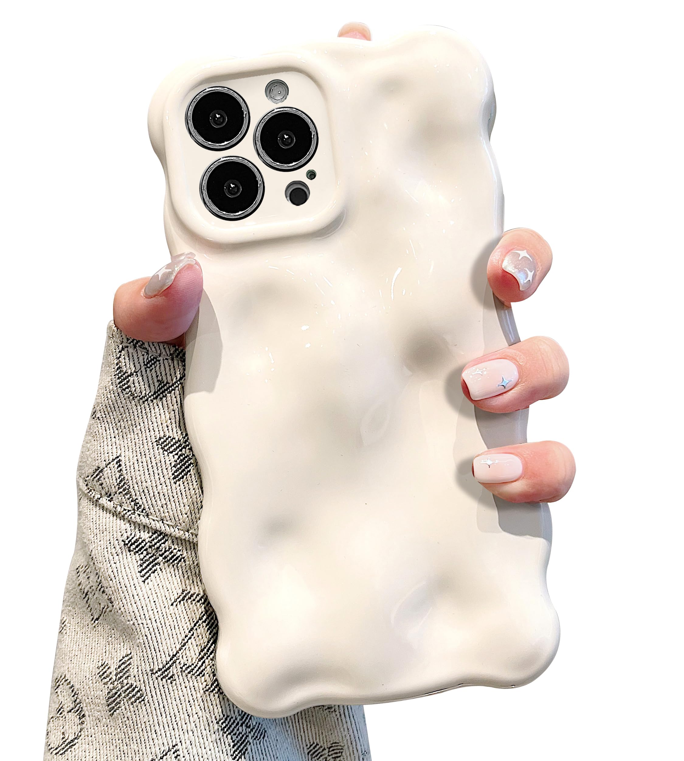UEEBAI Case for iPhone 16 Pro Max, Cute Solid Color Curly Wave Shape Shockproof Soft TPU Bumper Phone Case, Candy Water Ripple 3D Silicone Slim Pretty Case Non-yellowing Cover-White