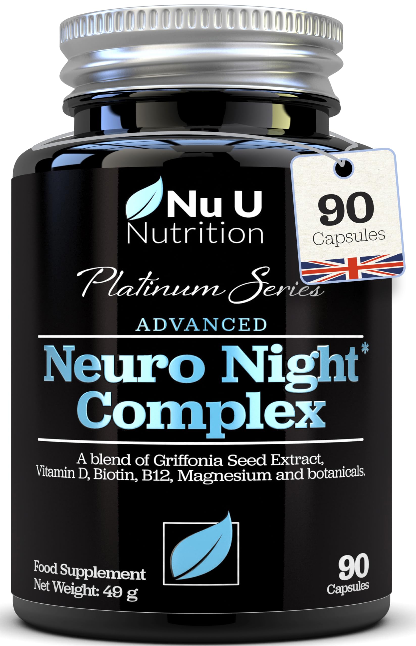 Neuro Night Sleeping Aid with Griffonia Seed Extract - 90 Vegetarian Capsules - 3 Month Supply - with Natural Melatonin Sources: Magnesium, Chamomile, Lemon Balm, Lavender, Vitamins D & B12