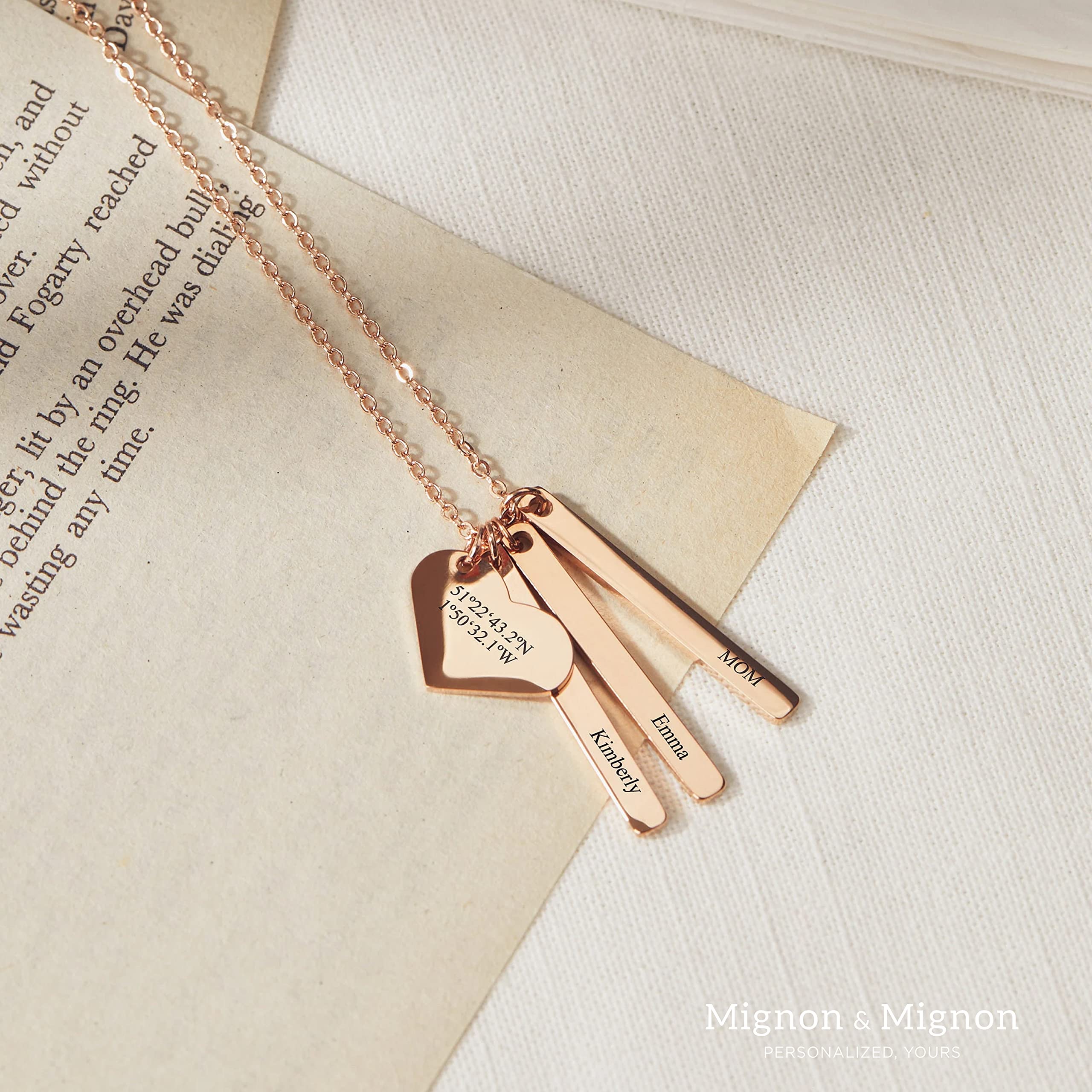 MignonandMignon Personalized Heart and Bar Necklace, Custom Family Name Jewelry for Mom, Gift for Women, Name Necklace – H6N