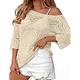 Rapbin Womens Crochet Hollow Out Knit Tops 3/4 Sleeve Spring Summer Sweaters Beach Cover Ups for Women Trendy 2026