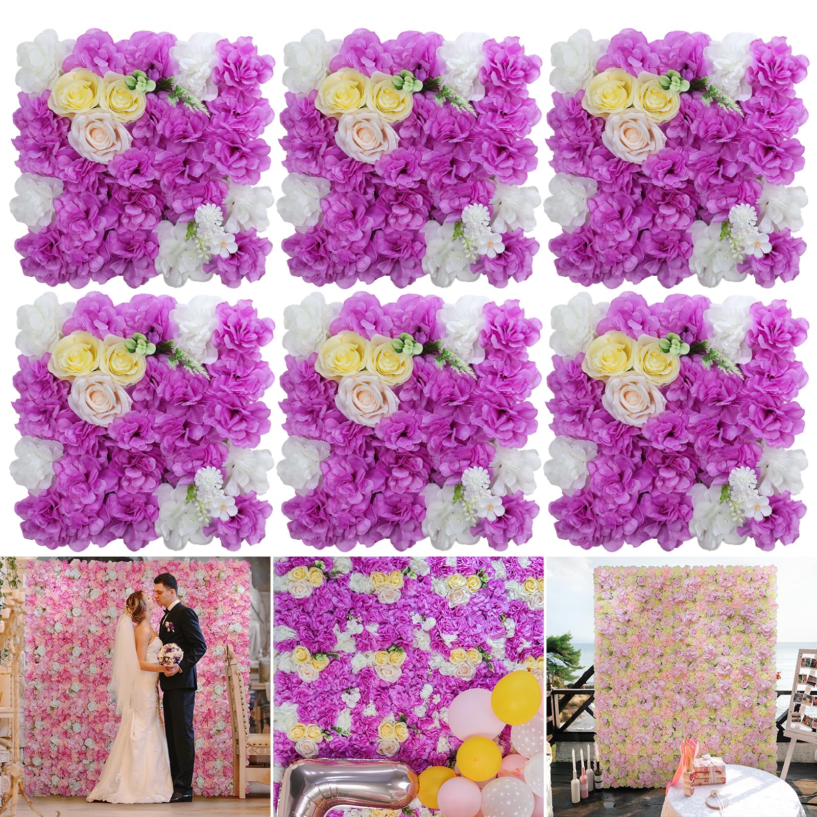 Photo 1 of RIDDSEE Flower Wall Panels, Artificial Flower Wall Backdrop, 6 PCs of 15x15 Inch 3D Silk Rose Wall, Wedding Floral Mat for Stage Party Photo Background Home Decoration