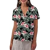 Amazhiyu Women's 100% Linen Hawaiian Shirt Casual Short Sleeve Button Down Shirts Floral Black, Small