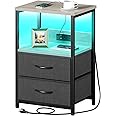 Seventable Nightstand with Charging Station, Bedside Table with LED Lights, Night Stand with 2 Fabric Drawers, 3-Tier Storage End Table for Bedroom, Greige