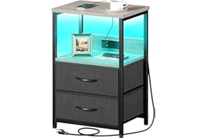 Seventable Nightstand with Charging Station, Bedside Table with LED Lights, Night Stand with 2 Fabric Drawers, 3-Tier Storage End Table for Bedroom, Greige