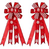 Hotalisona Christmas Bows Outdoor Decorations Snowflake and Reindeer Print Red Large Bows for Christmas Tree Topper Decorations Wreath, 20”x10”, 2Pcs