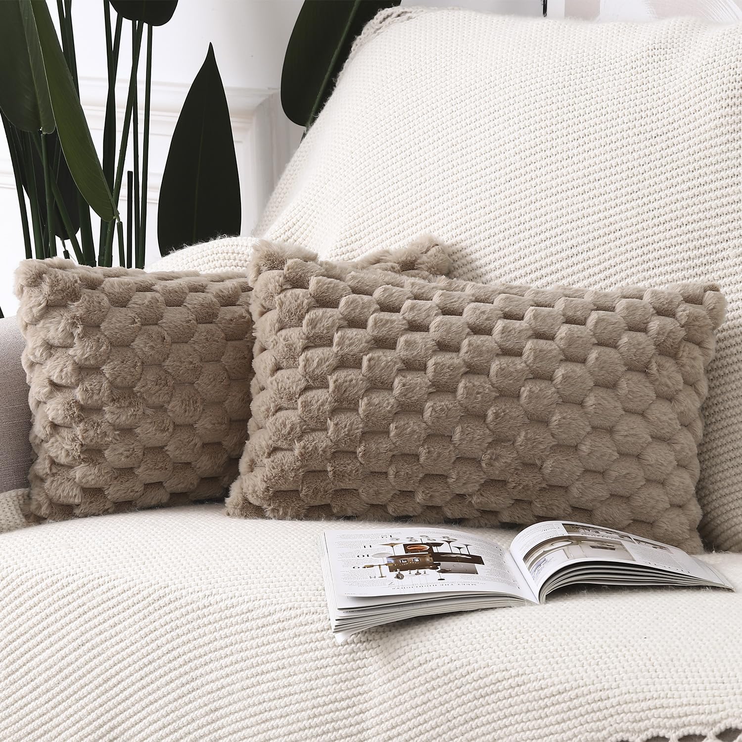 Madizz Faux Wool Camel Cushion Covers 12x20 inch, 30x50 cm, Set of 2 Super Soft Boho Throw Pillow Covers Decorative Textured Pillowcases for Sofa Bedroom