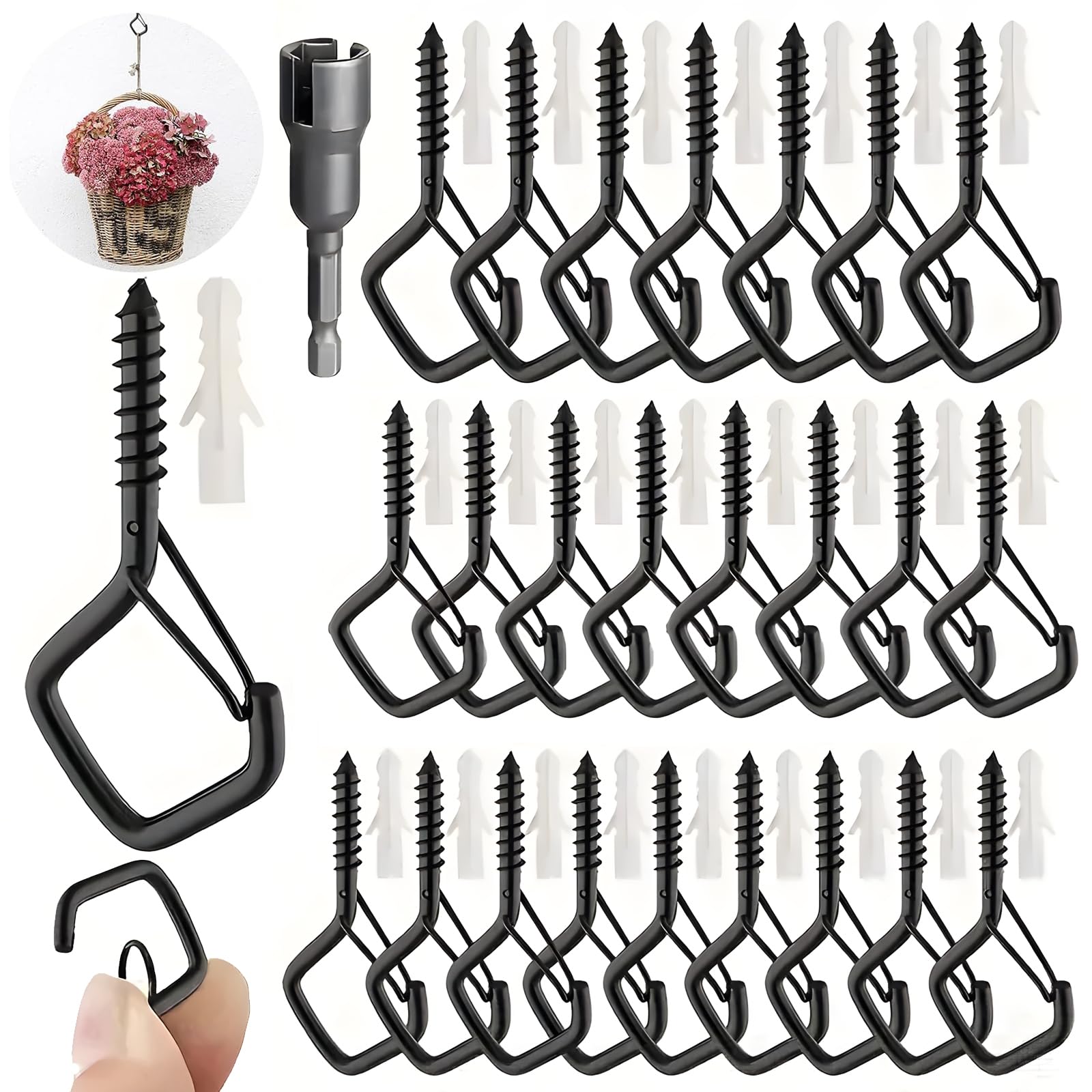 25 PCS Black Q Hanger Screw Hooks, Screw Hooks for Outdoor Lights with Drill Bit, Cup Hook Eye Hook with Safety Buckle, Windproof Metal Ceiling Hooks for Plants, Fairy Lights,Bird Feeder（Rhombus）