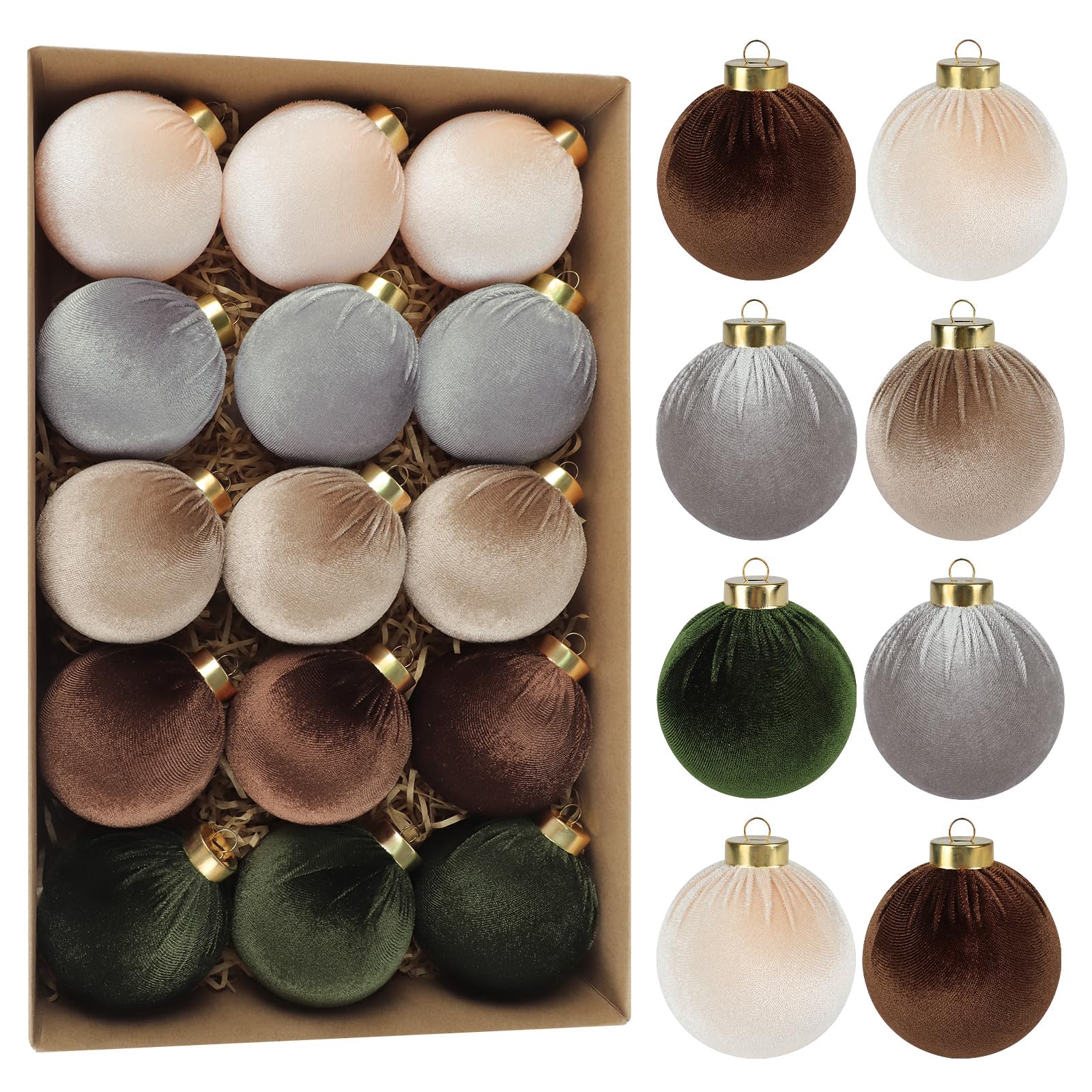 Photo 1 of 15 PCS Velvet Christmas Tree Ornaments, 80mm/3.15in Large Brown Christmas Ornaments Set Shatterproof Hanging Flocked Balls for Party Indoor Home Decor, Brown, Green, Grey, Beige