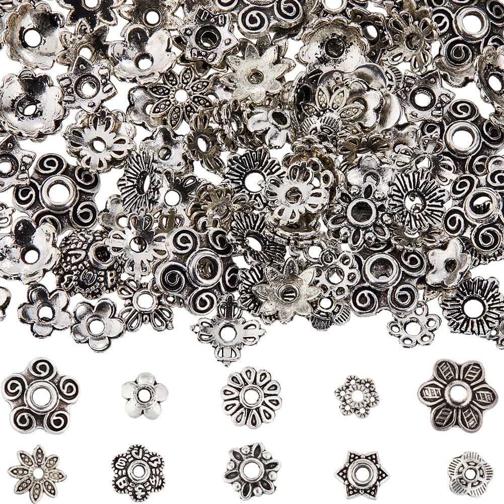SUNNYCLUE 1 Box 300cs 10 Styles Flower Bead Caps 8mm Flat Spacer Beads Bulk Tibetan Silver Hollow Flowers Metal Vintage Floral Bead End Caps for DIY Bracelet Necklace Earring jewellery Making Supplies — image 1