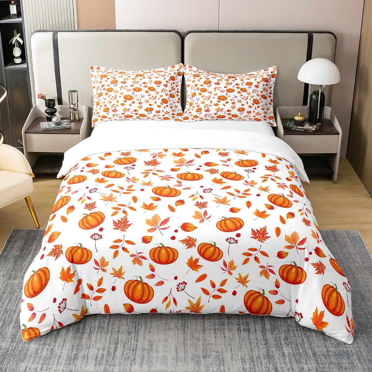 100% Cotton Halloween Pumpkin Comforter Cover, Happy Fall Autumn Bedding Sets Double, Cute Fall Flowers Maple Leaves Duvet Cover, Thanksgiving Gifts Quilt Cover for Kids Boys Girls Room Decor