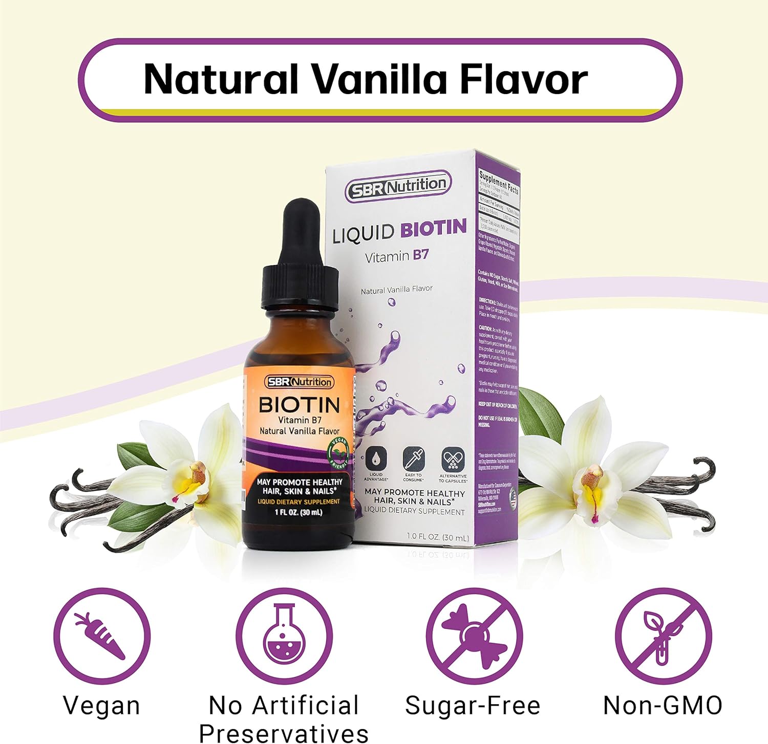 SBR Nutrition Biotin Liquid Drops, 5000mcg per Serving (60) 1.0Fl.oz (30ml) Vanilla: Health & Personal Care