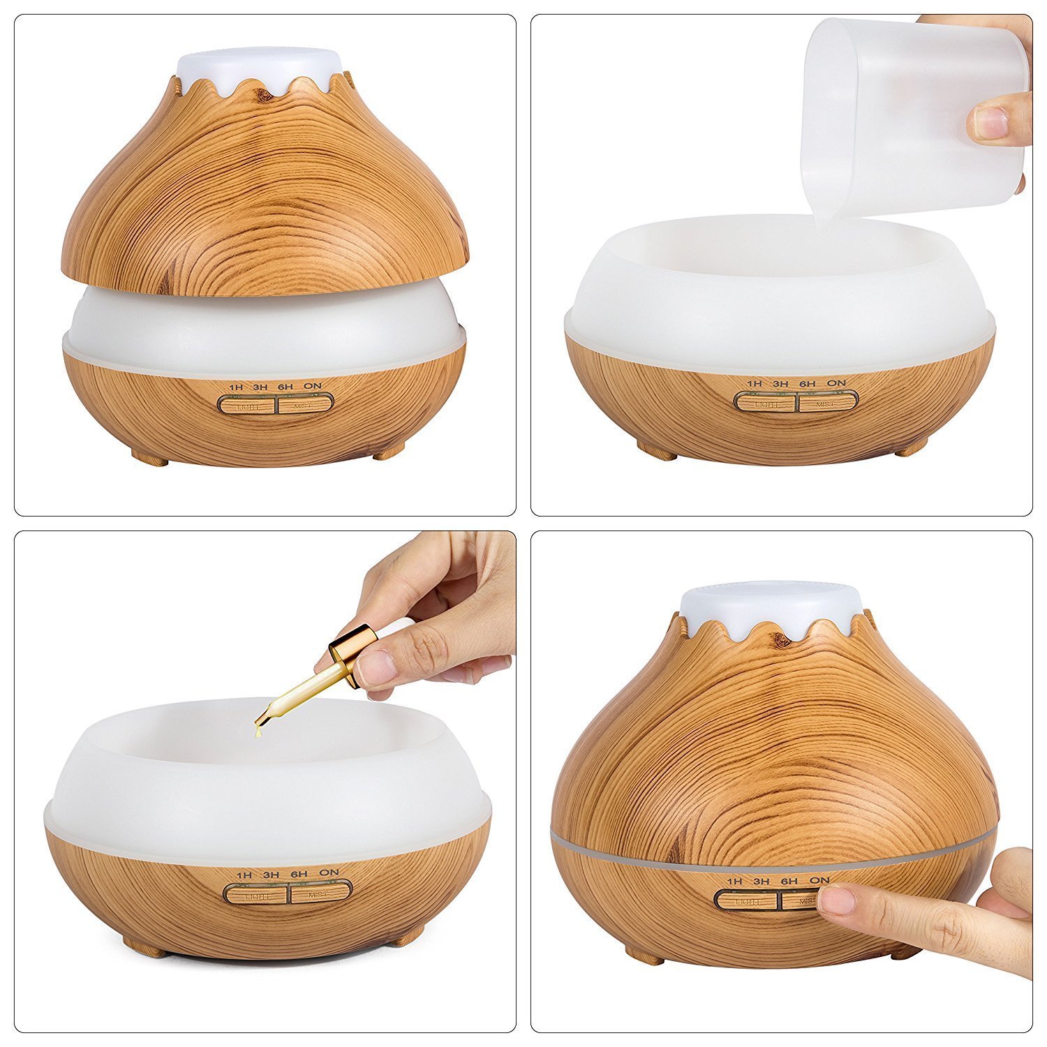 Umidificatore legno 150ml, Aroma diffusore, Wood looking umidificatore Snowberg Cool Mist Olio essenziale 7 colori LED Diffusore ad ultrasuoni per uso domestico Baby Office (aspetto del legno chiaro)