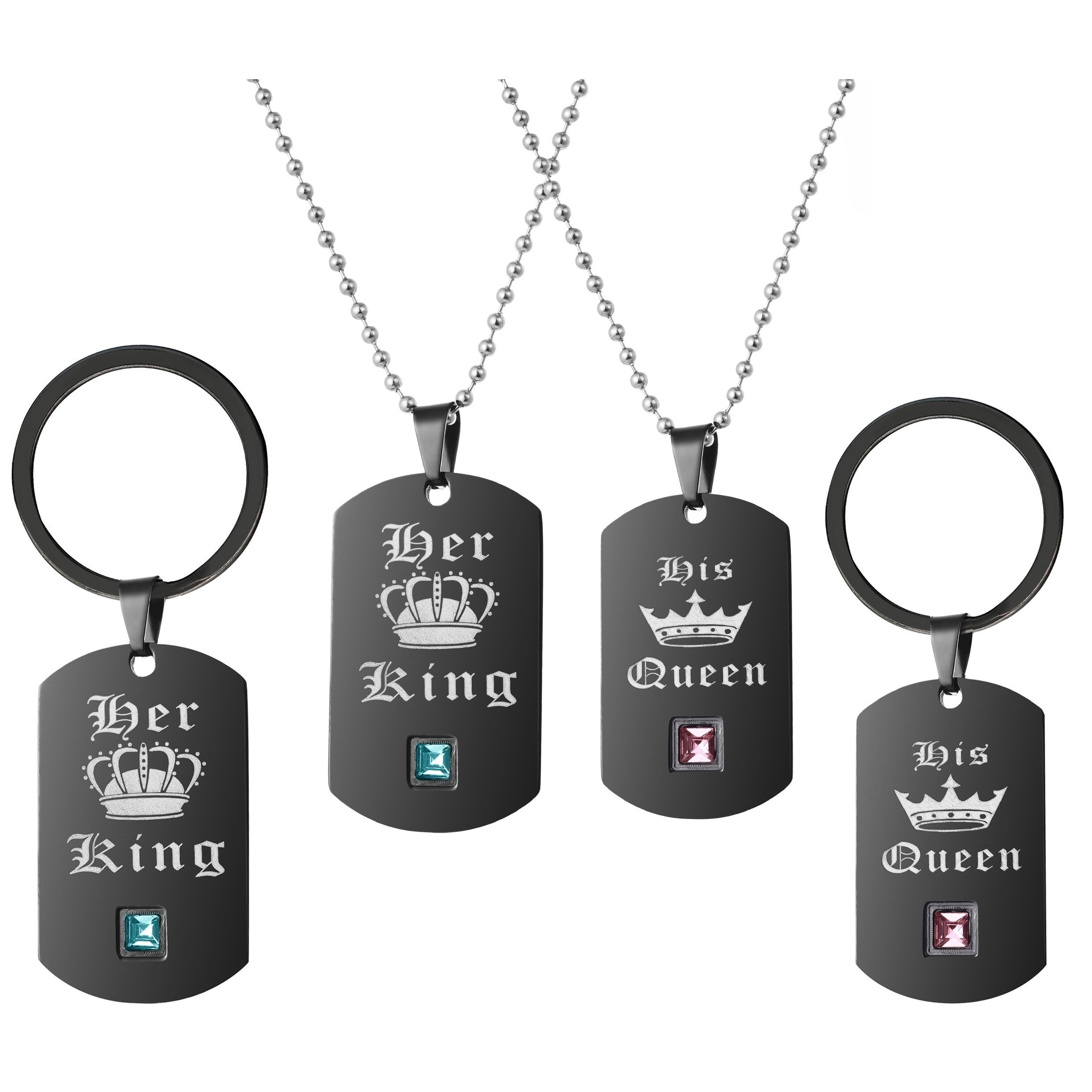 Uloveido Black Necklace Pendant and Key Chain His Queen and Her King Jewelry Set for Him and Her SN137