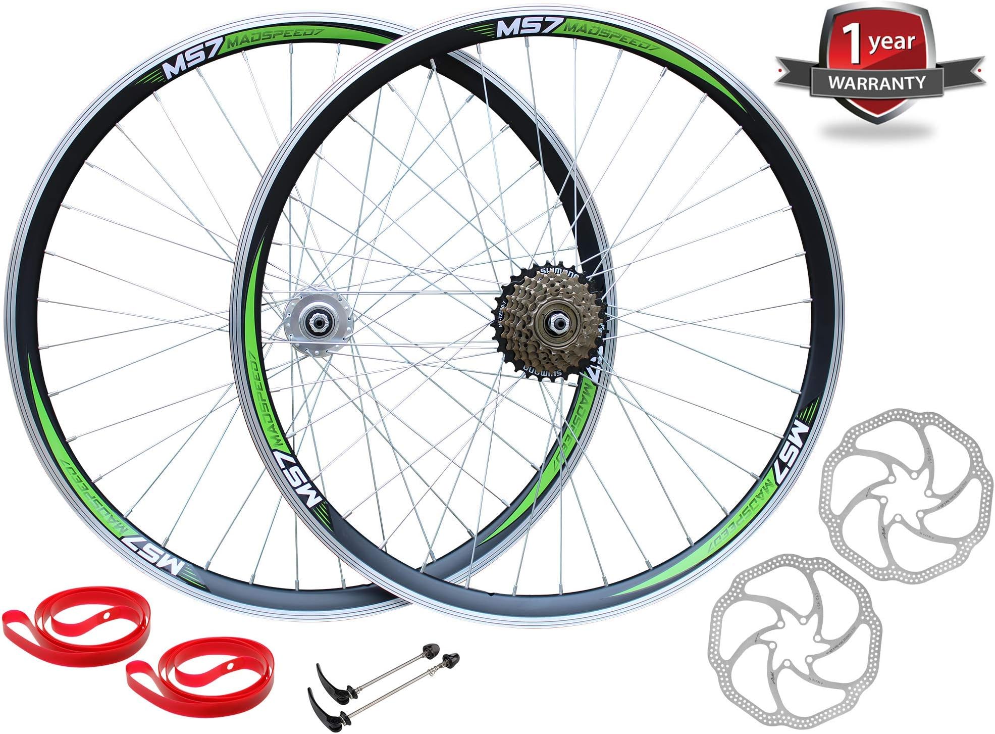 Madspeed7 QR 26" (559x19) MTB Bike Wheelset Disc Brake Shimano 7 Speed (5 Colour Options), Green