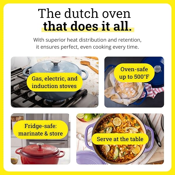 LODGE ESSENTIAL ENAMEL CAST IRON DUTCH OVEN 6 QUARTS – PERFECT FOR BREAD BAKING, BRAISING, MARINATING & SLOW COOKING, FEATURES MOISTURE-SEALING LID & DUAL HANDLES, KITCHEN ESSENTIALS, INDIGO