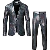 ZEROYAA Men's Metallic Shiny Suits Disco Sequin Blazer and Pants 2 Piece Sets for Party Prom