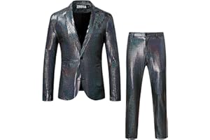 ZEROYAA Men's Metallic Shiny Suits Disco Sequin Blazer and Pants 2 Piece Sets for Party Prom