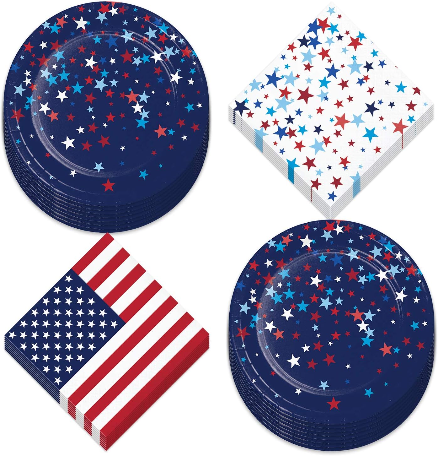 Patriotic Party Supplies for 4th of July, Memorial Day, and Veteran's Day (Patriotic American Pride Star Confetti Paper Dessert Plates and 2-Sided Stars and Stripes Beverage Napkins)