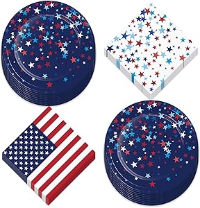 Patriotic Party Supplies for 4th of July, Memorial Day, and Veteran's Day (Patriotic American Pride Star Confetti Paper Dessert Plates and 2-Sided Stars and Stripes Beverage Napkins)