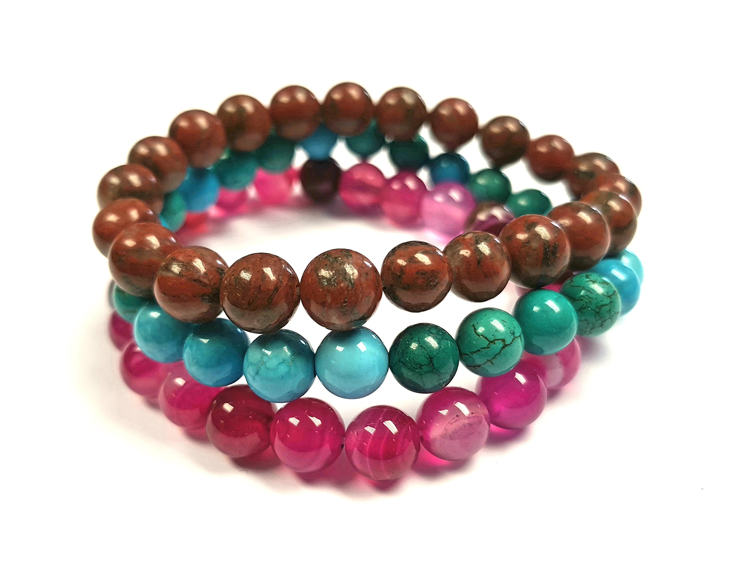 Treasure Bay Handmade Womens 8mm Gemstone Bracelet | Stress and Anxiety Set of Three colour Pink, Brown and Blue