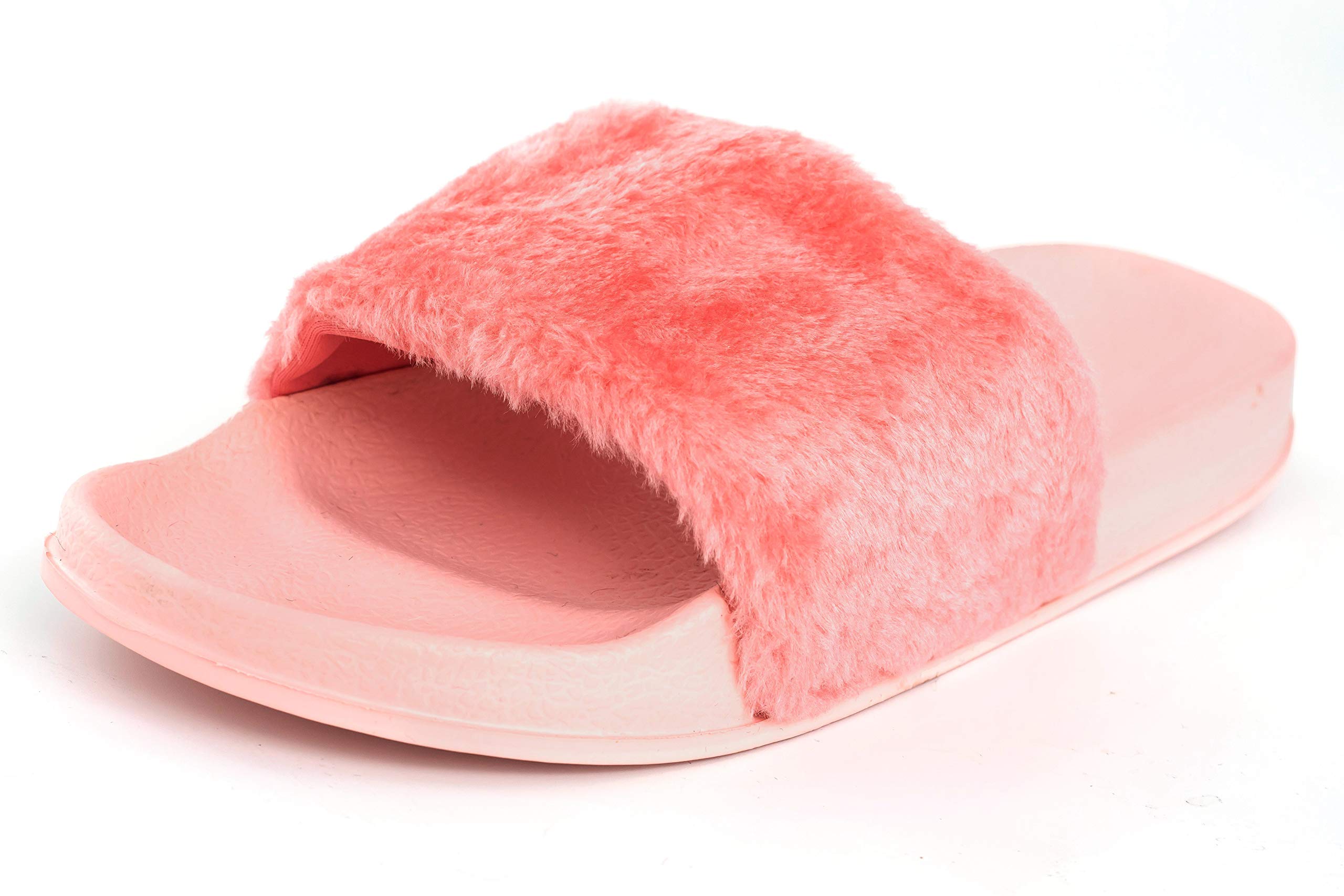 Women\'s Vegan Faux Fur Slippers Fuzzy Slides Fluffy Comfy Flat Sandals Open Toe Indoor Outdoor Pink