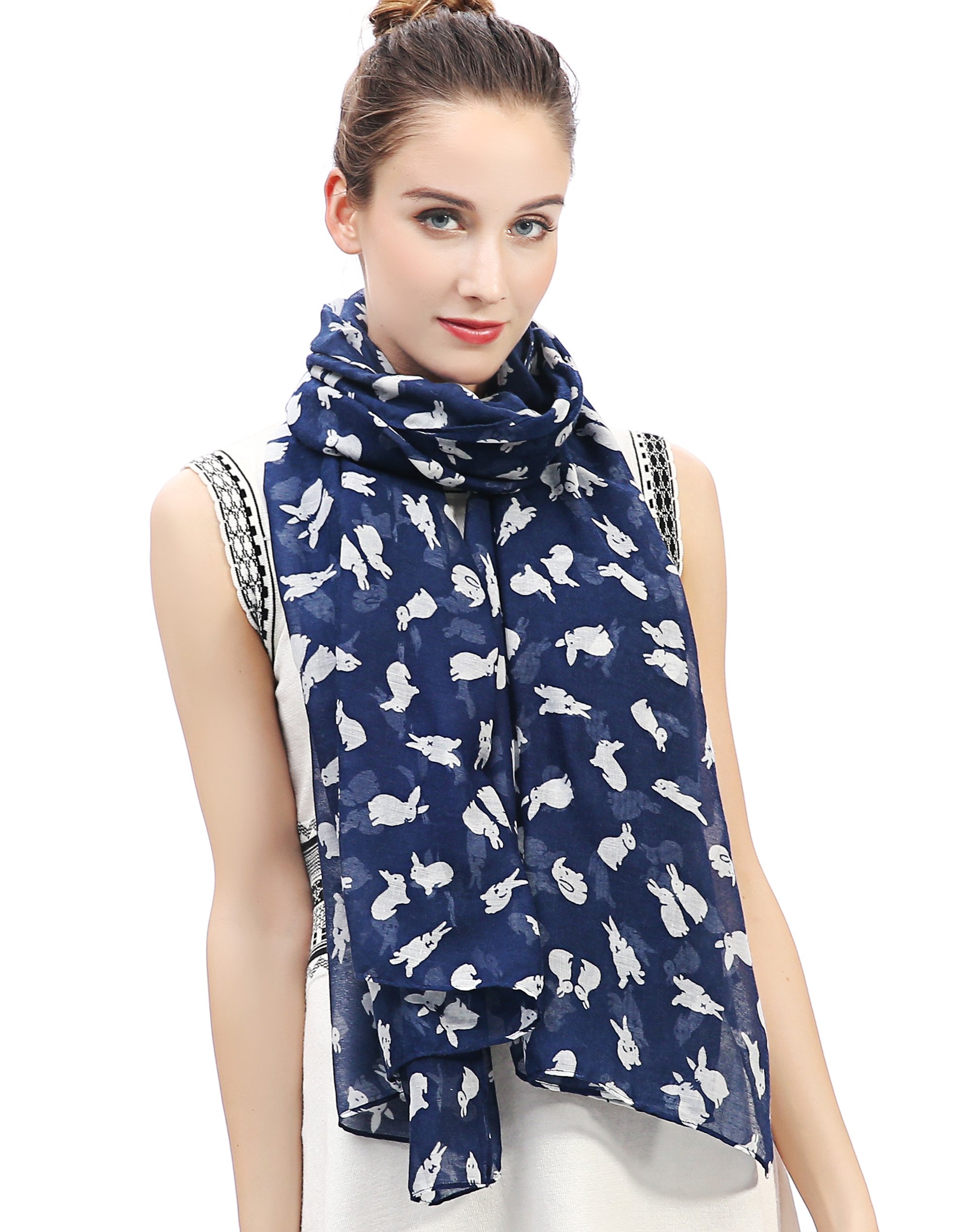 Lina & Lily Bufanda grande para mujer con estampado de conejitos Lovely Rabbit, ligera (azul y blanco)