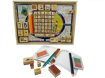Emob Wooden Educational Stamp Art Toy with 26 Alphabets and Picture Stamp, Storage Box and Washable Inks