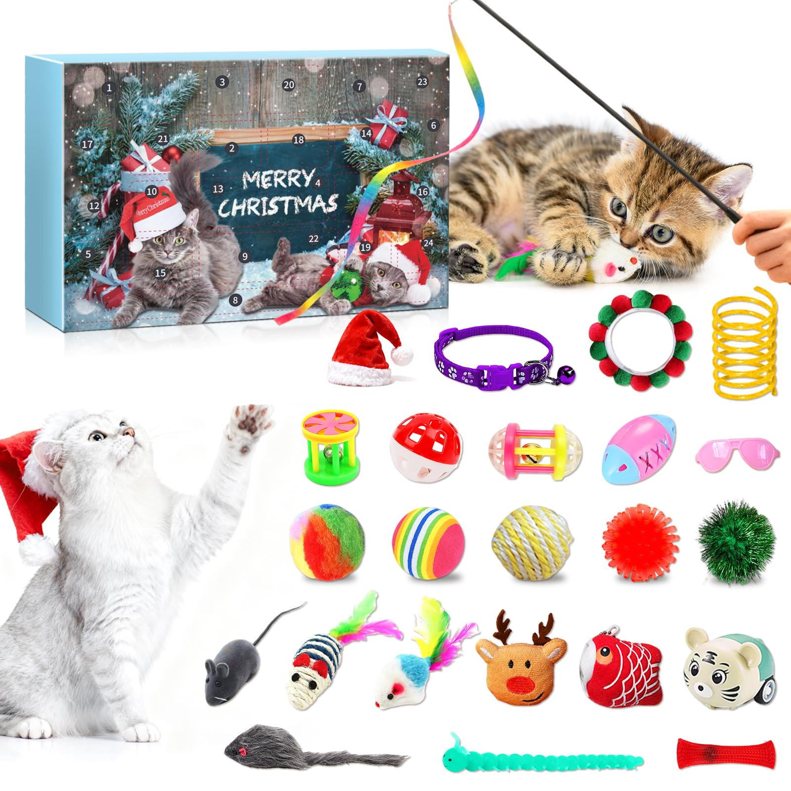 24 Pcs Cat Toys for Indoor Cats，for Cats with Interactive Toys, Feather Wand, Mice and Balls - Gift for Cat Lovers and Kitten Owners