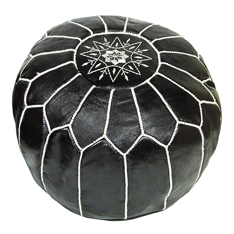Almadih Leather Pouffe Seat Cushion Black With White Stitching