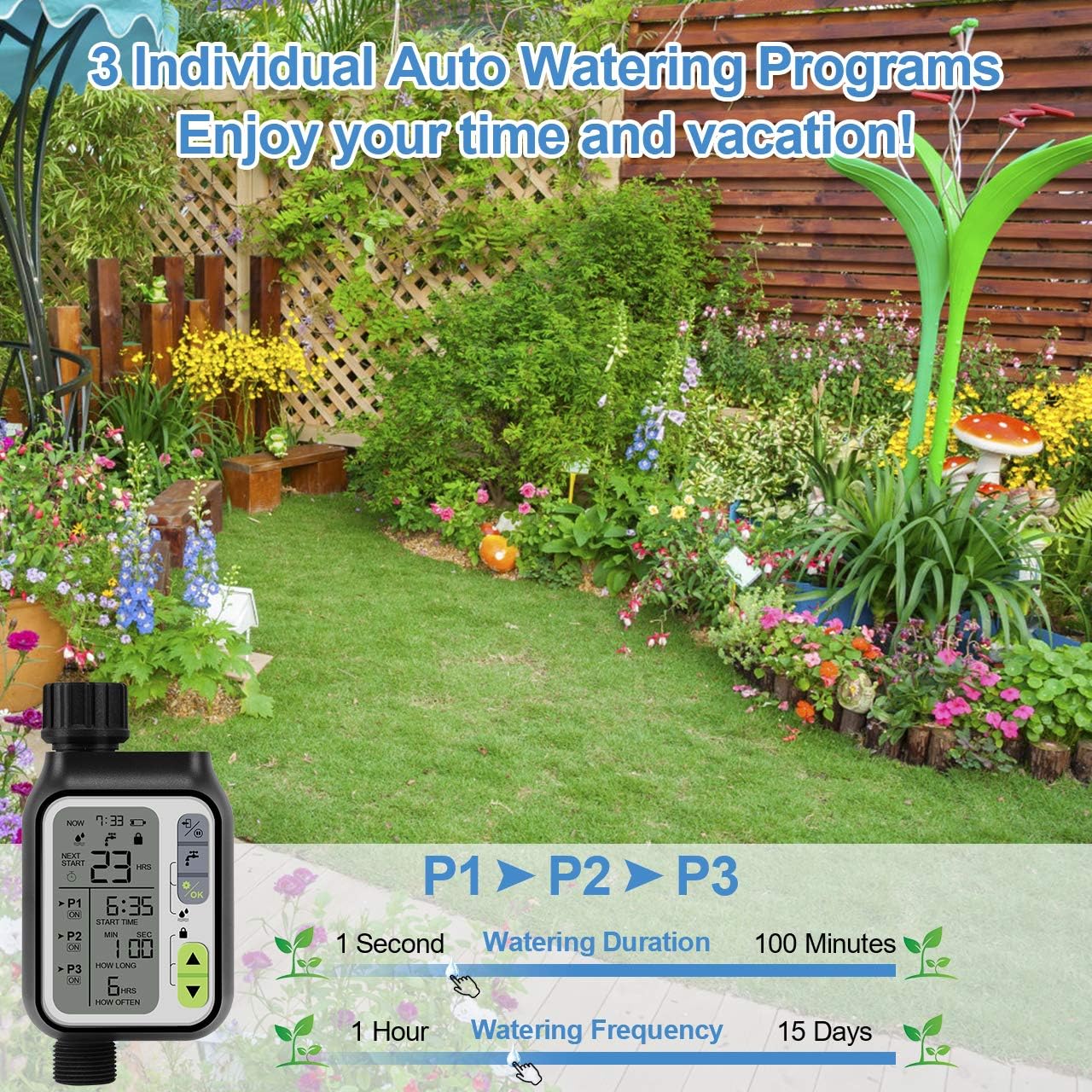Bearbro Automatic Water Timer,3 Separate Irrigation Digital Programmable,Sprinkler Timer with Rain Sensor/Child Lock/Auto & Manual Watering Mode/IP65 Waterproof,Garden Lawn Hose Faucet Water Timer: Kitchen & Dining