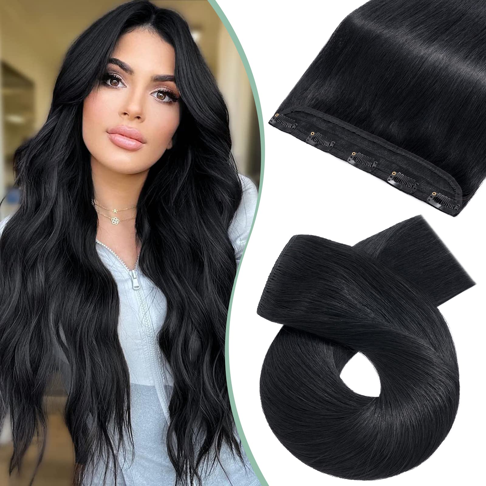 Silk-co Remy Silk-co Clip in Human Hair Extensions (#01 Jet Black, 24inches-60g) One Piece Clip on Hair Extensions Seamless Clip on Thin Real Hair Extension Clip in 3/4 Full Head Straight