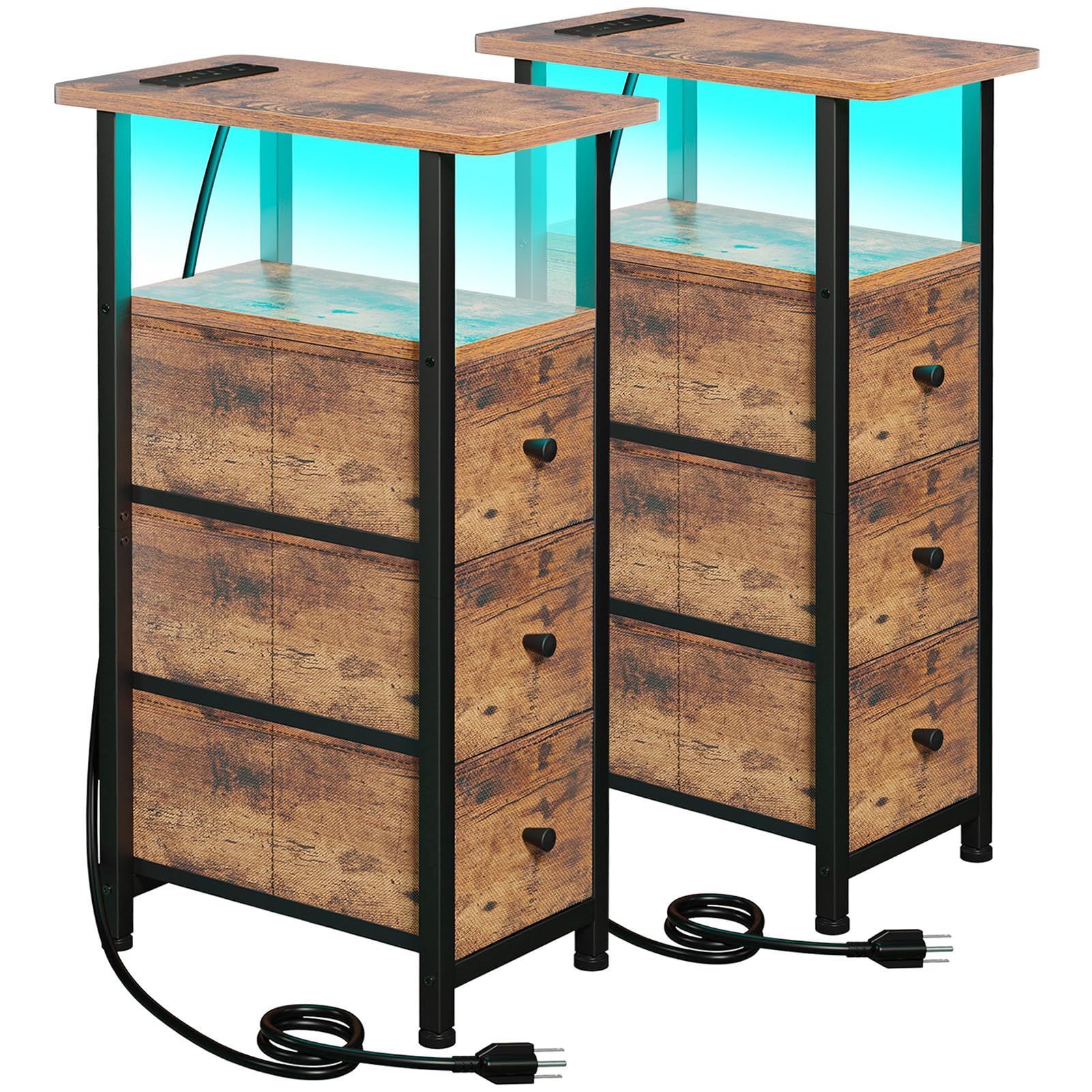 Photo 1 of LOAKEKEL Narrow End Tables Living Room Set of 2 with Charging Station, Skinny Side Table with Fabric Drawers, Slim LED Nightstand for Bedroom, Small Spaces, Couch, Rustic Brown, HETNDP03LPBR
