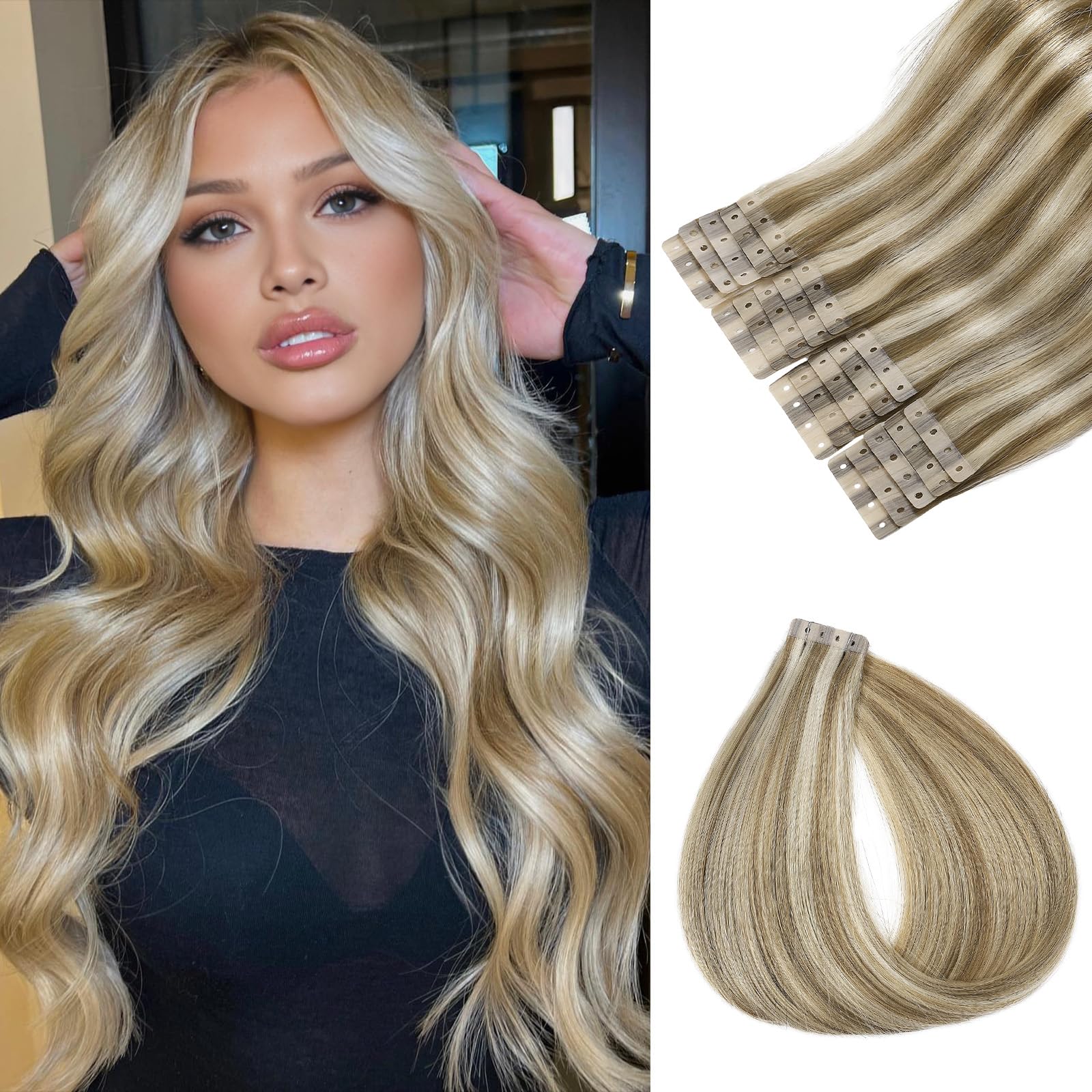 Photo 1 of LADY MIRANDA Mixed Blonde Hair Extensions Real Human Hair 18 Inch 20PCS Remy Hair Extensions Invisible Tape ins PU Human Hair Extensions with Micro Hole Glueless Hair Extensions for Women