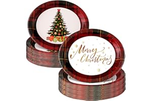 Umigy 100 Pcs Christmas Trees Oval Paper Plates 10" x 12" Disposable Paper Plates Snowflake Decorative Dinner Plates Red and Green Buffalo Plaid Dessert Plates for Winter Holiday Dinner Birthday Party