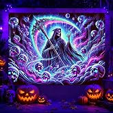BlissYard Blacklight Gothic Tapestry Neon Decor 78 x 59 Inch Uv Reactive | Halloween Backdrop Skull Gothic Tapestry for Living Room Bedroom Dorm Horror Posters Halloween Wall Decor