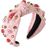 Gmmidea Valentines Day Headband for Women Pearl Rhinestone Knotted Headband Beaded Crystal Jeweled Hairband Wide Top Knot Light Pink Head Band for Ladies Girls Holiday Gift