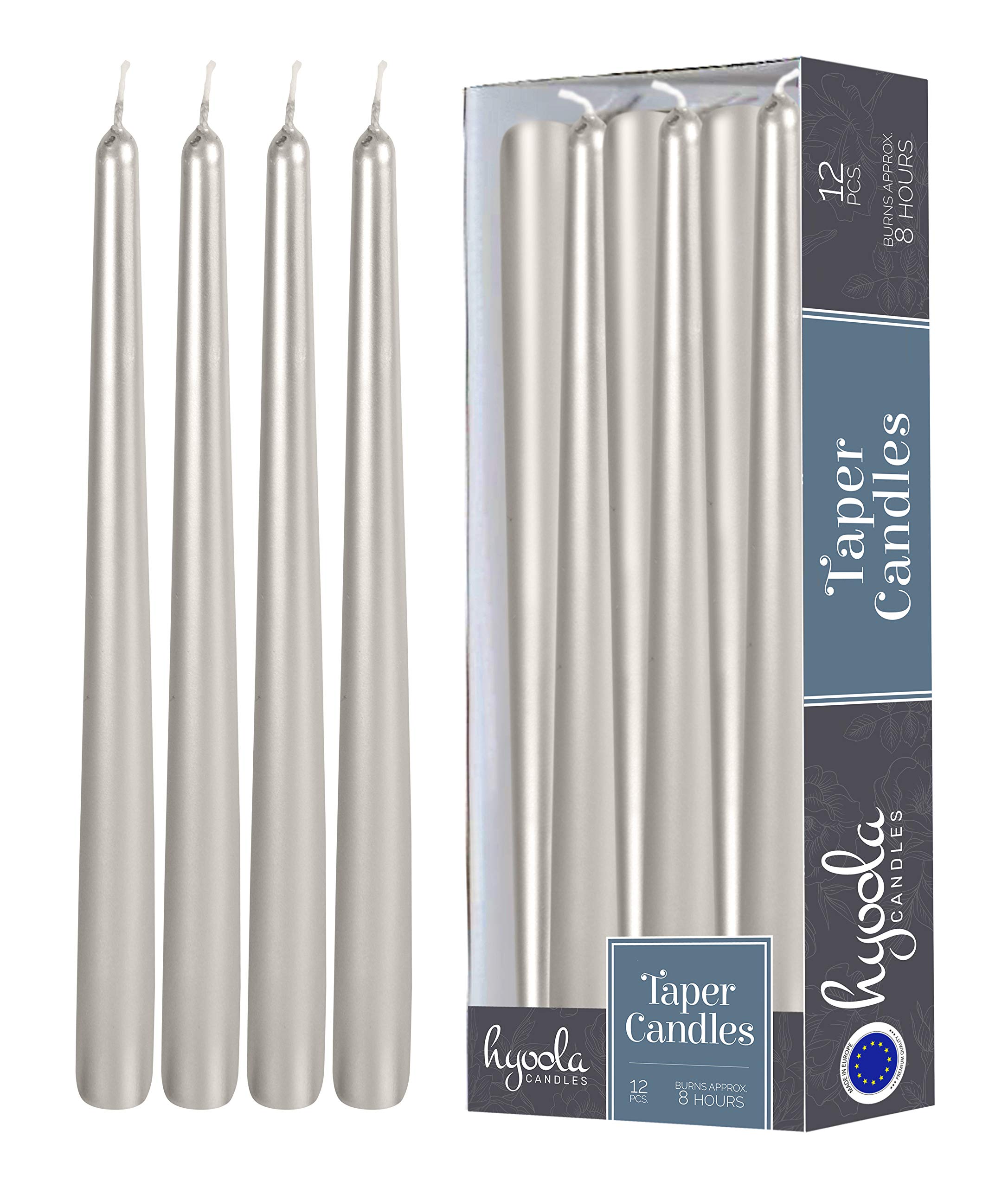 Hyoola Metallic Titan Taper Candles - 250 mm (10 Inch) Unscented Dripless Taper Candles - 8 Hour Burn Time - 12 Pack