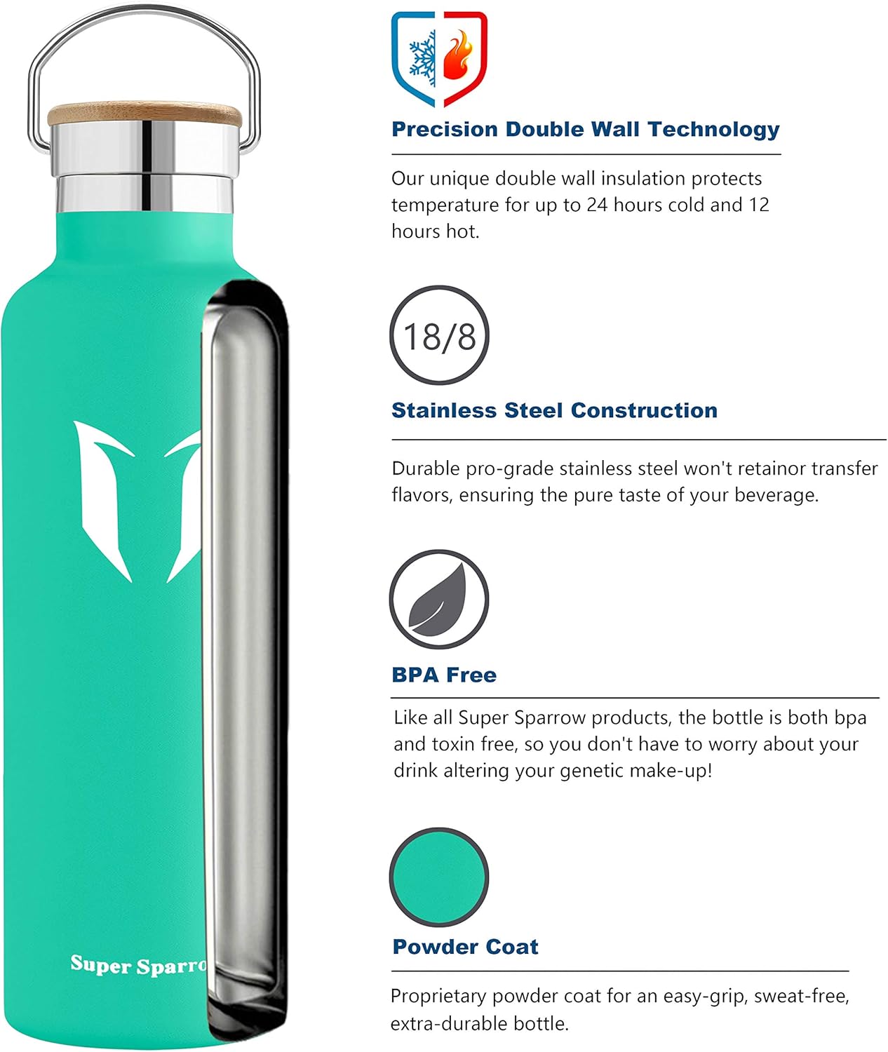 Super Sparrow Water Bottle Stainless Steel, 1000ml, Insulated Metal Water Bottles, Standard Mouth Flask, BPA Free - Image 5