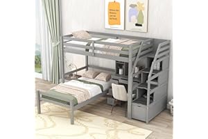 BOVZA L-Shaped Twin Over Twin Bunk Bed with Storage Stairs, Desk, Shelves and Drawers, Wood Twin Size Loft Bed with a Stand-Alone Bed for Kids Boys Girls Teens, Gray