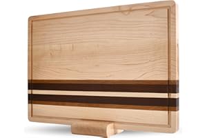 Jade Vine Large Maple Hardwood Cutting Board 17x12 Inch Reversible with Deep Juice Groove, Dark Accents & Display Stand – Tim
