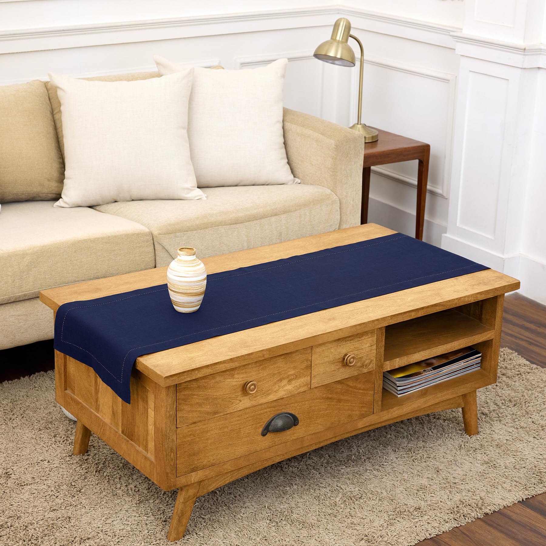 Solino Home Linen Navy Blue Table Runner 60 Inches - Classic Hemstitch, 100% Pure Linen Coffee Table Runner 14 x 60 Inch Ideal for Dresser Tables - Easter, Mothers Day