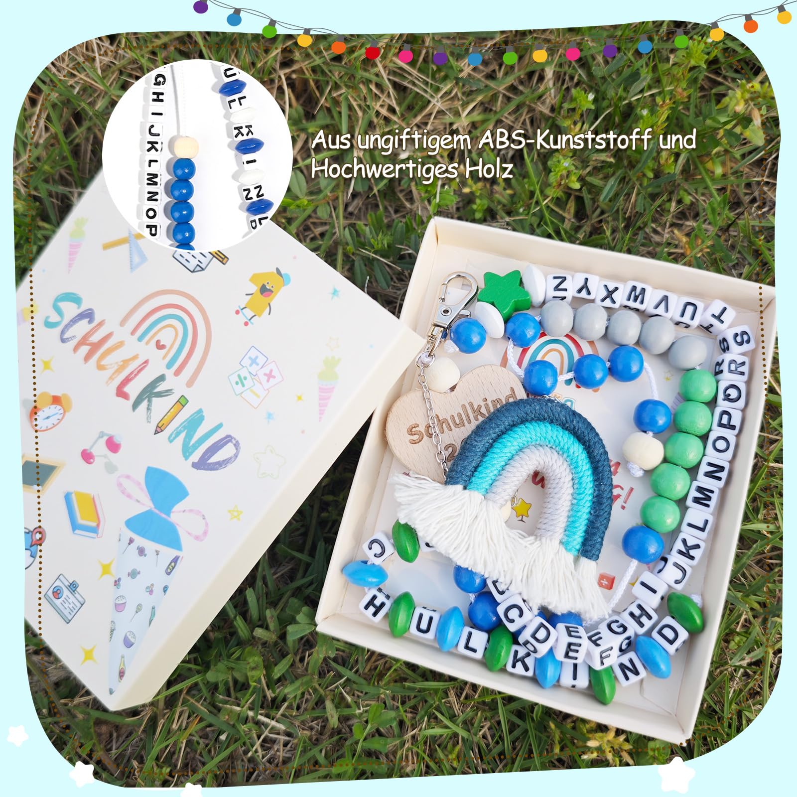 KUPITM6 Rechenkette Geschenk Einschulung Jungen, Glücksbringer Schulanfang Junge, Schlüsselanhänger Glücksbringer Schultüte Füllung, Schulanfang Geschenke mit Grußkarte Geschenkbox 5