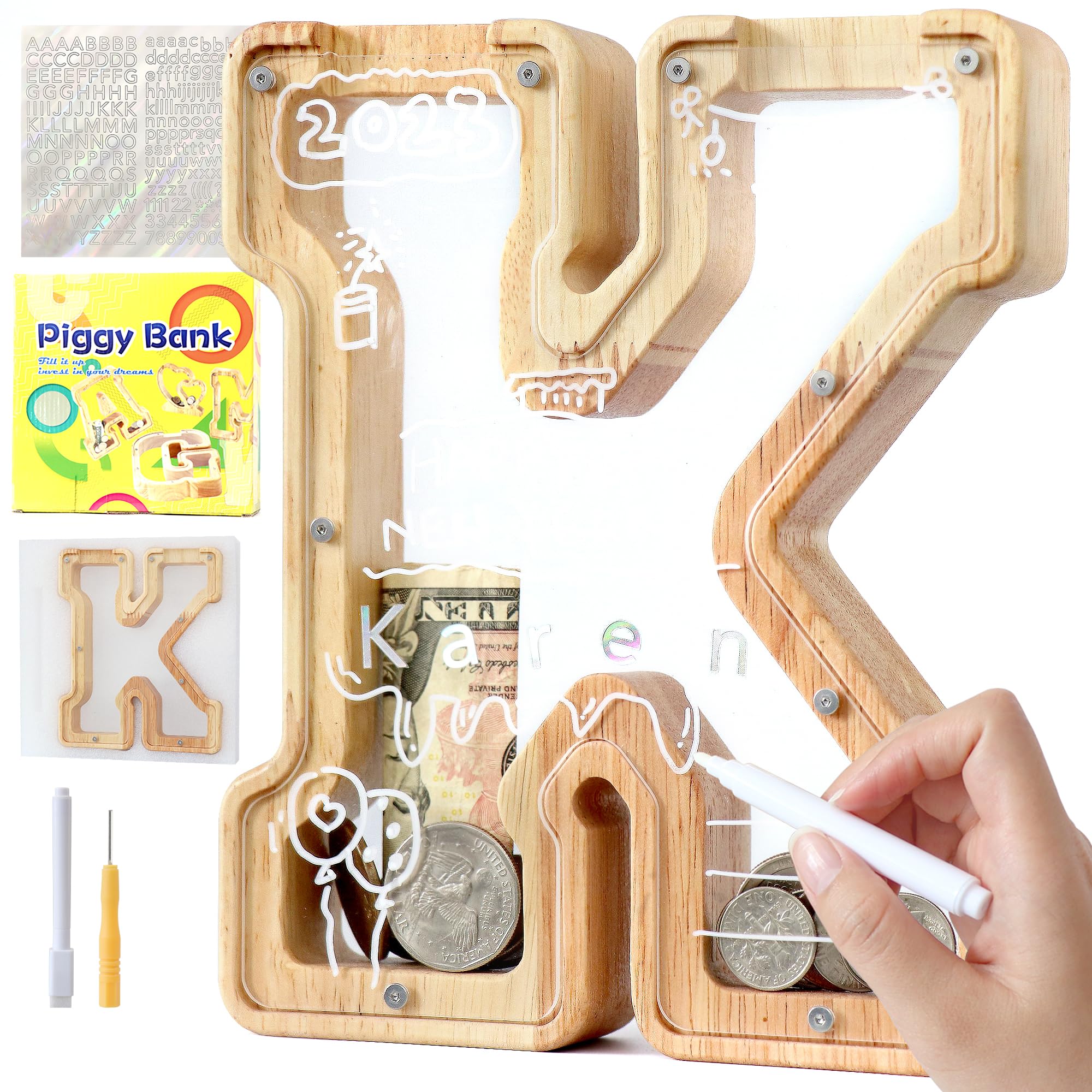 Mikytoper Letter Money Box for Kids Wooden Personalized A-Z Alphabet Piggy Bank Clear Money Bank Coin Bank for Gift Decoration Baptism (K)