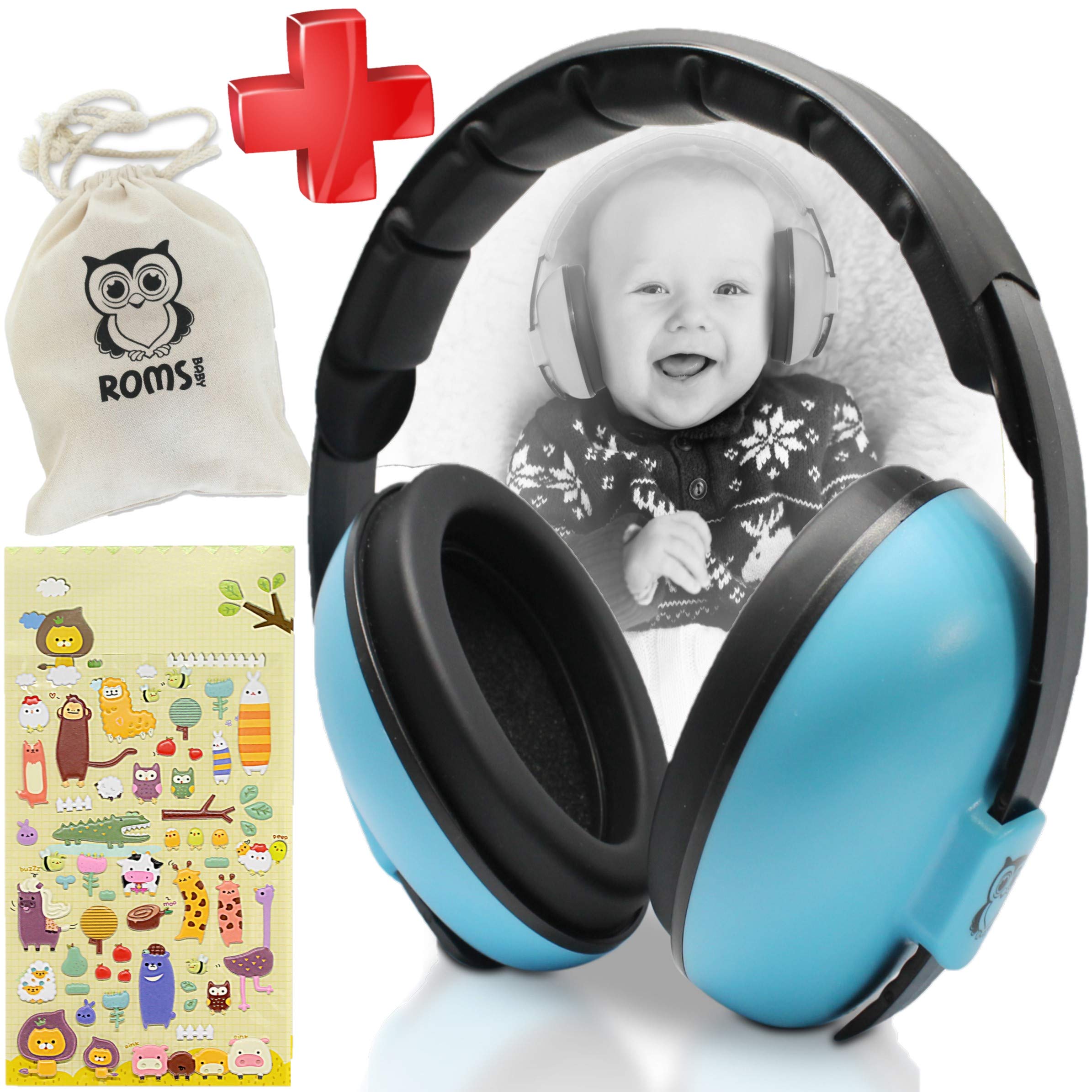 Noise Cancelling Baby Ear Protection Baby Earmuffs ~ Protect Infants and Kids Hearing with Safe, Sound Proof Ear Muffs ~ Comfort Fit + Bonus Travel Bag and Stickers by ROMS Baby (Blue)