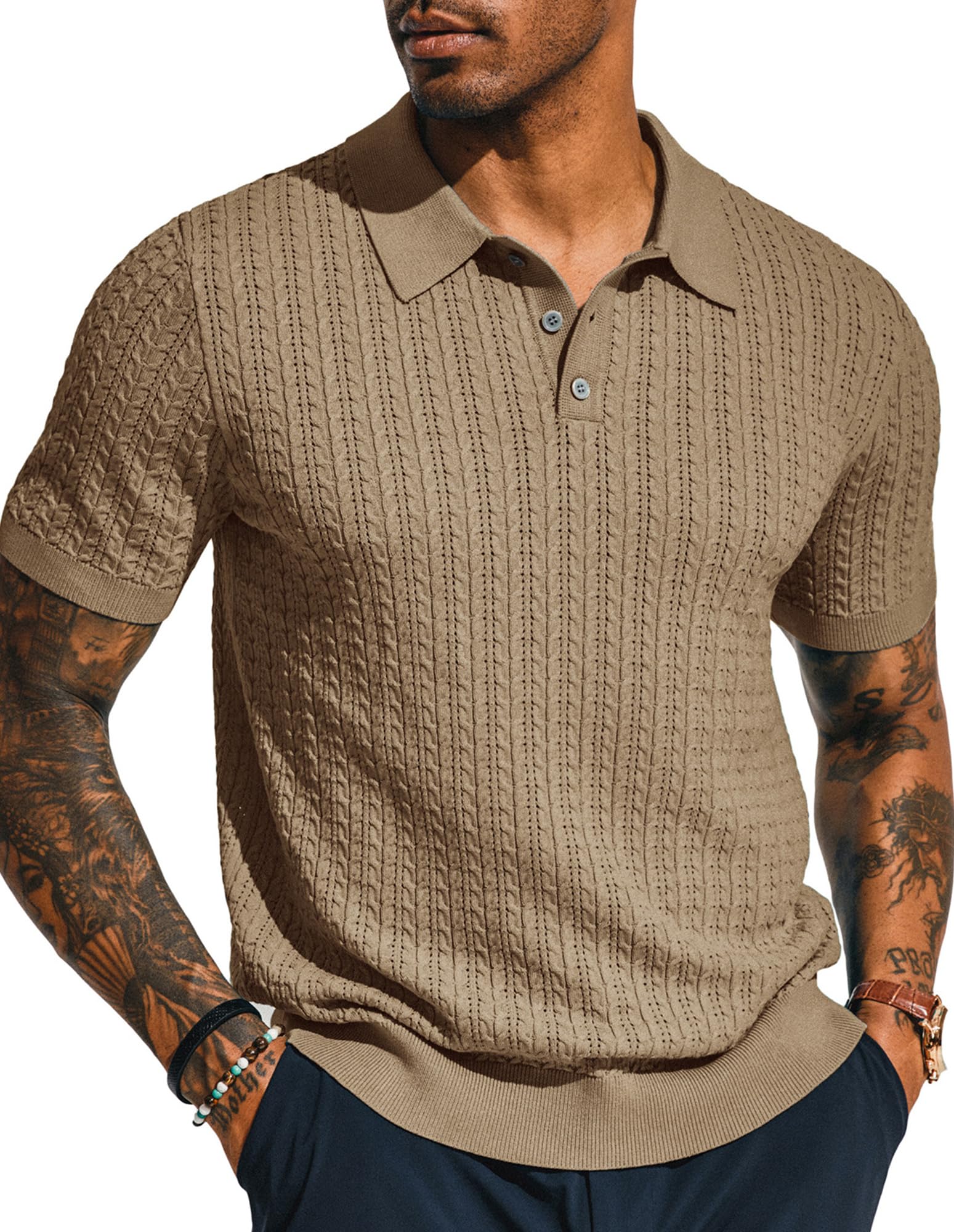 Photo 1 of PJ PAUL JONES Men's Knit Shirts Lightweight Short Sleeve Knitted Polo Shirt Casual Fashion Polo Shirt Camel